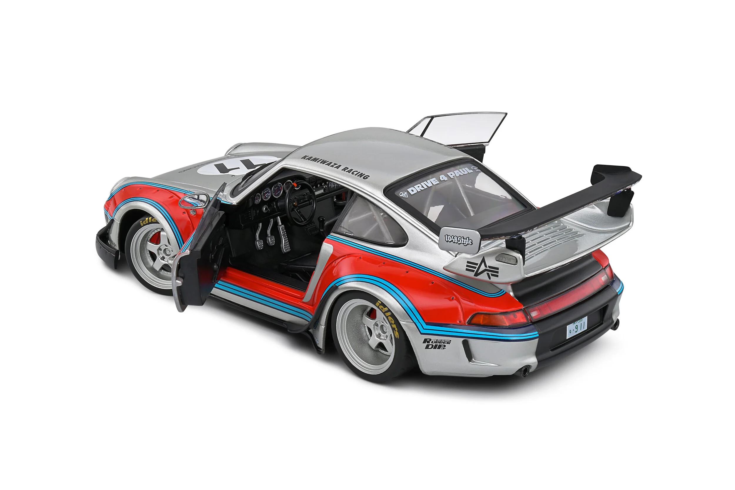 Solido 2020 Porsche 993 RWB Bodykit No 11 Martini Racing Livery Coupe Silver Red Blue 1:18 - Image 7