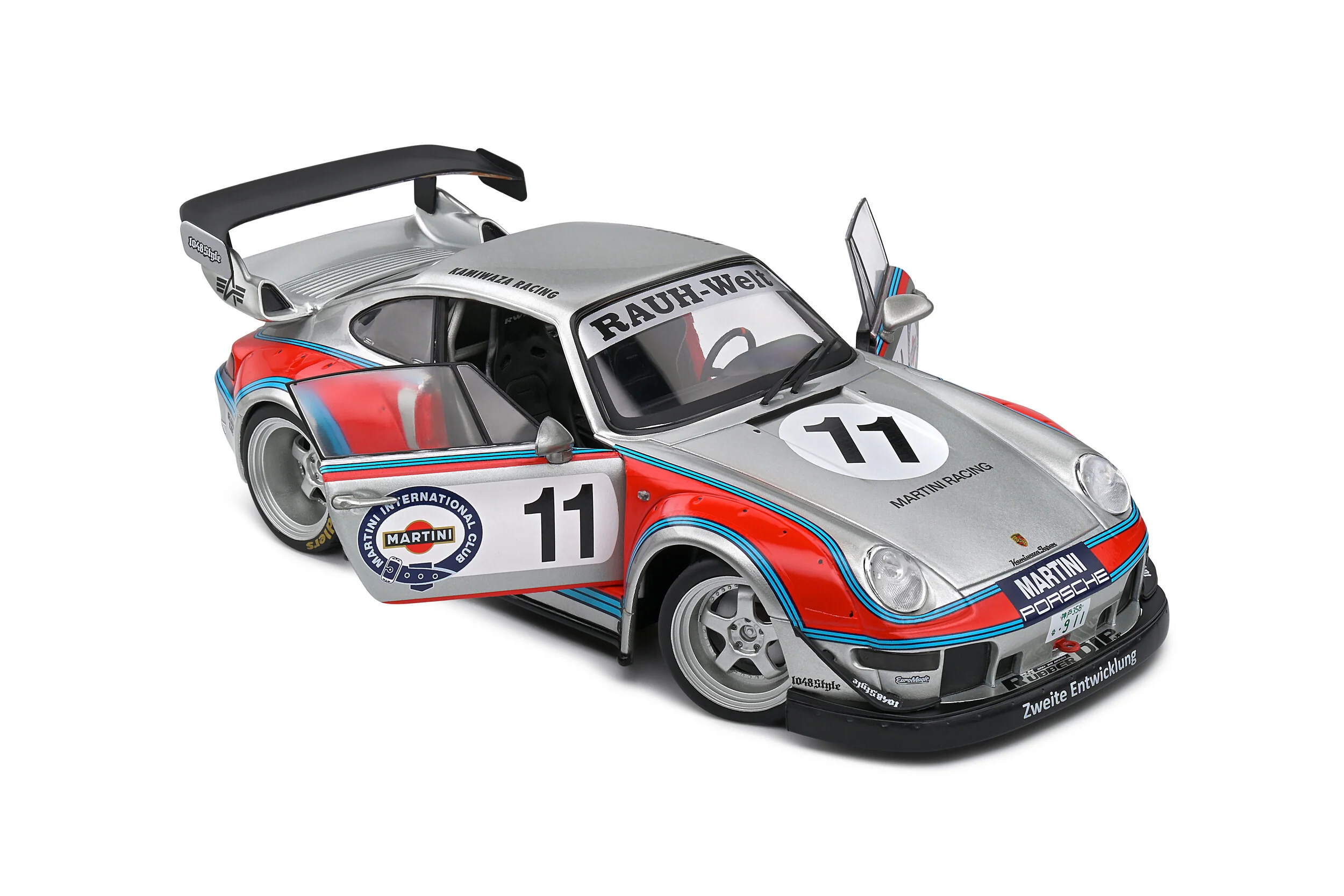 Solido 2020 Porsche 993 RWB Bodykit No 11 Martini Racing Livery Coupe Silver Red Blue 1:18 - Image 8