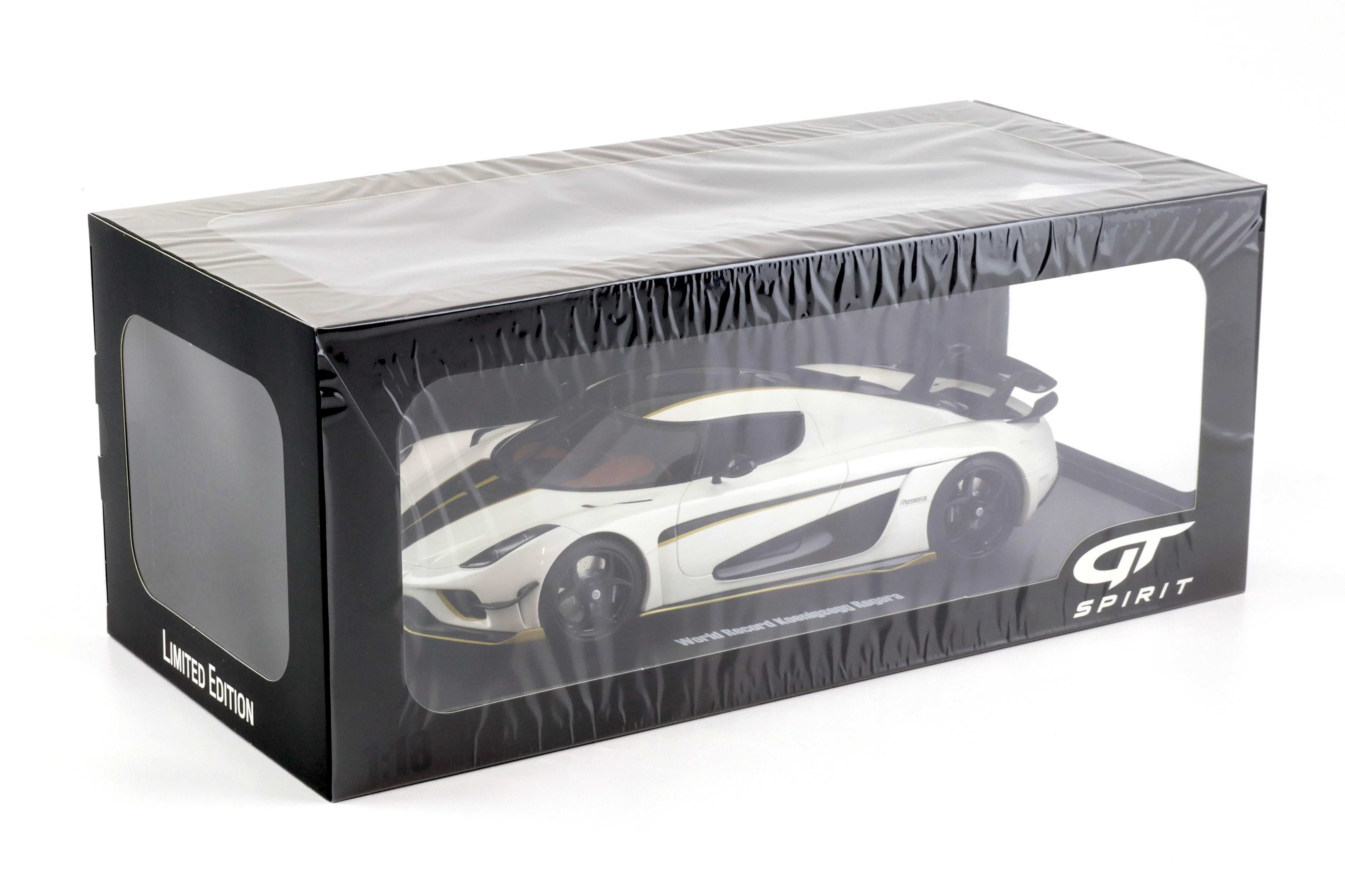 GT Spirit 2018 Koenigsegg Regera World Record Crystal White w/ Black Stripes & Gold Accents 1:18 - Image 4