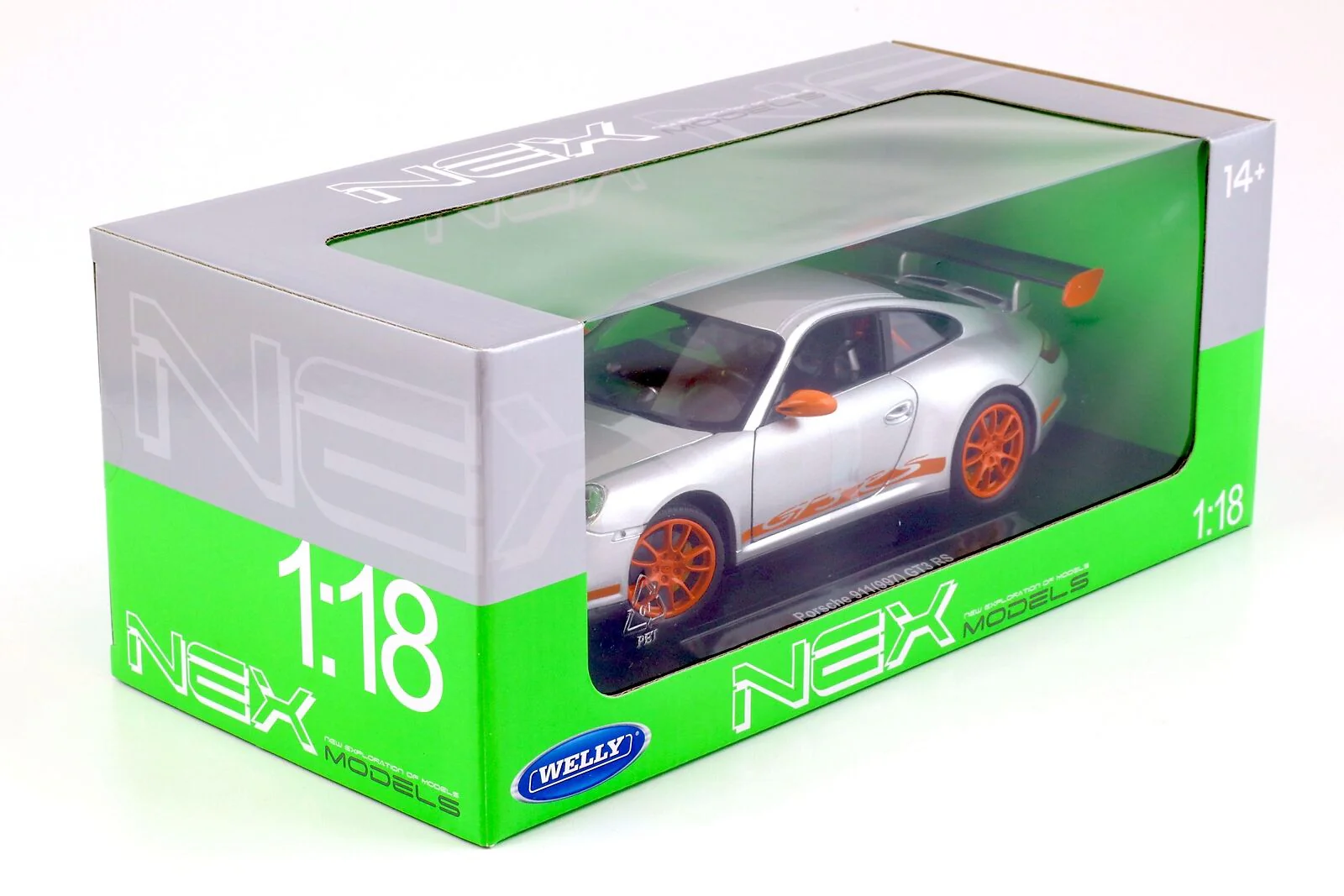 Welly 2007 Porsche 911 (997) GT3 RS Silver w/ Orange Stripe 1:18 - Image 4